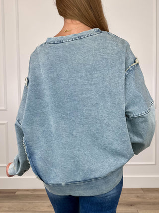 Blue long-sleeve crewneck top with distressed shoulder seams and back view