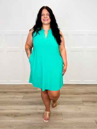 Dear Scarlett lightweight Gabby dress in turquoise, sleeveless V-neck, above-knee hem.