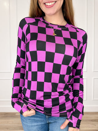 Michelle Mae Over My Head Rayon Blend Long Sleeve Checkered Top - Multiple Colors