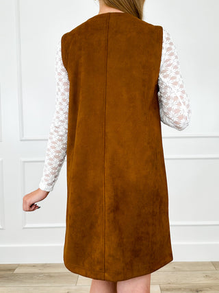 Brown sleeveless suede dress with center back seam, back view