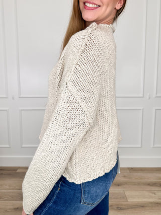 Oat chunky knit cropped sweater, long sleeve with ribbed hem and high neck