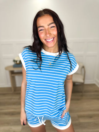 Blue striped cotton-blend tee and high-rise shorts set with drawstring