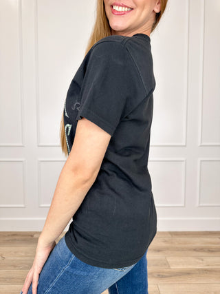 Black short-sleeve cotton graphic T-shirt, side view