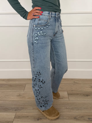 Saige Lilah Tummy Control Barrel Leg Jeans (Rigid, Embroidered, Non-Distressed)