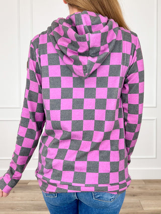 Purple checkered hoodie sweatshirt with hood and long sleeves, back view