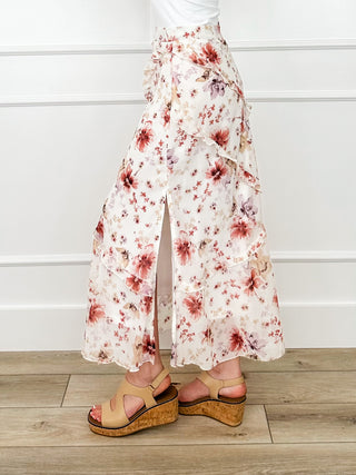 Ivory floral maxi skirt with gathered tiers and front slit