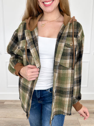 Hooded flannel button-up shacket in green plaid, long sleeves, front open
