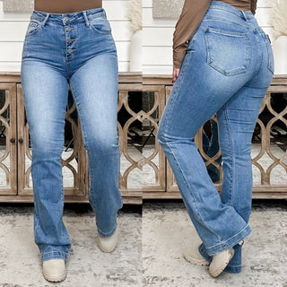 Risen Nayeli High Rise Button Fly Bootcut Blue Jeans