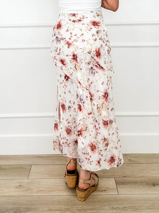 Ivory floral maxi skirt with layered panels and front slit