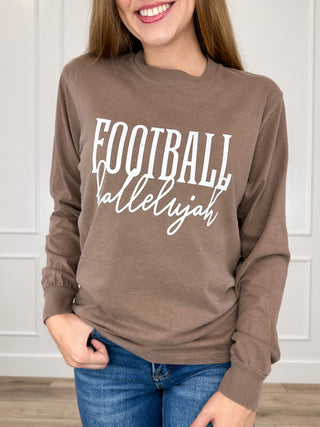 Brown long-sleeve graphic tee with white football and Hallelujah text