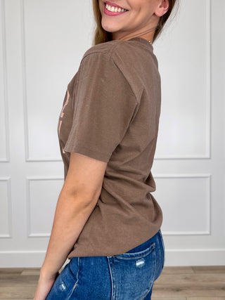 Brown cotton short-sleeve crewneck tee shirt, side view
