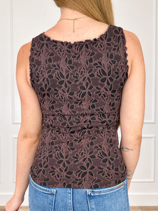 Knit tank top with floral lace knit pattern, dark plum-brown sleeveless back
