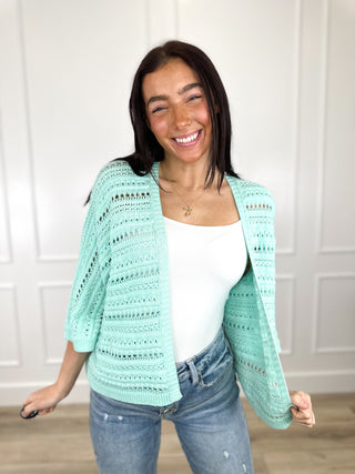 Mint green cotton-blend 3/4 sleeve open-knit cardigan with V-neck