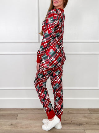Red plaid pajama set, long-sleeve button top with matching jogger pants