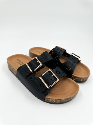 Faux leather sandals with cutout straps and two metal buckles, black