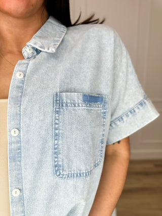 Seeing it All Cotton Blend Short Sleeve Light Wash Avery Mae Button Up Top