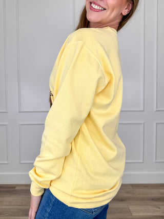 Raised on Southern Charm Cotton Blend Long Sleeve Yellow Avery Mae Graphic Crewneck Sweatshirt (Comfort Colors)