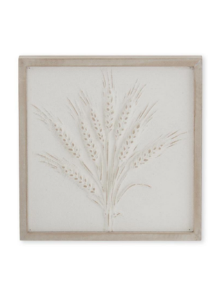 Fall embossed wood sign with tall wheat stalk design in light sand on white panel