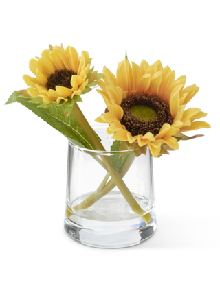 Sunflower stems in clear glass vase, two bright yellow blooms with dark centers and green leaves
