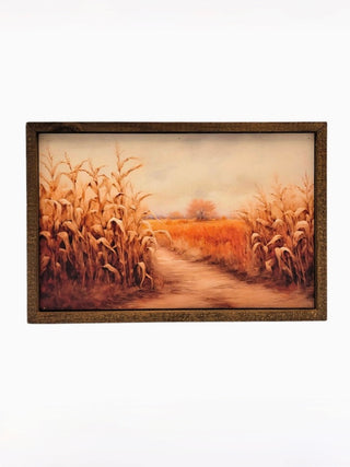 Wood sign with framed corn maze landscape art