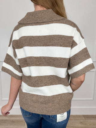 Brown and white striped knit short-sleeve sweater top, back view