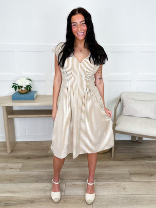 Tan striped sleeveless dress with V-neck, gathered waist and flared midi hem