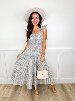 Gray patterned midi sundress with square neckline and gathered waist