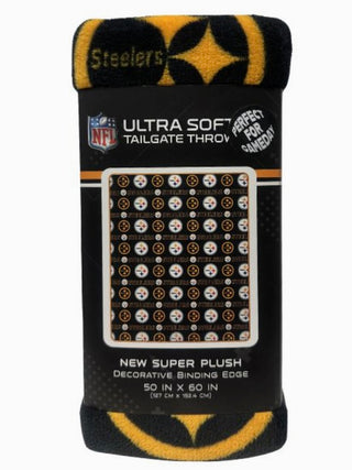 Pittsburgh Steelers plush blanket with circular team icons pattern, decorative binding edge