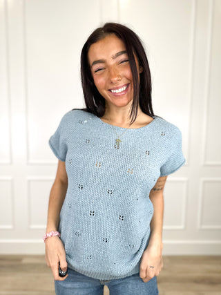 It's So Easy Knit Short Sleeve Blue Avery Mae Sweater Top