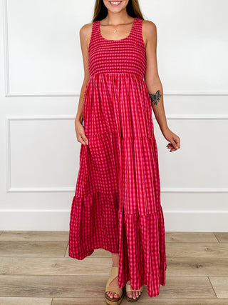 Pink gingham rayon-blend sleeveless maxi dress, smocked waist, tiered skirt