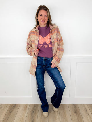 Risen Selena Tummy Control High Rise Double Button Raw Hem Bootcut Dark Wash Blue Jeans