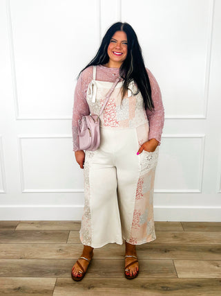 Cream long dress with pink floral overlay, balloon sleeves, and matching crossbody bag