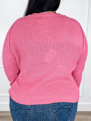 Pink textured knit long-sleeve sweater, crew neck, ribbed hem