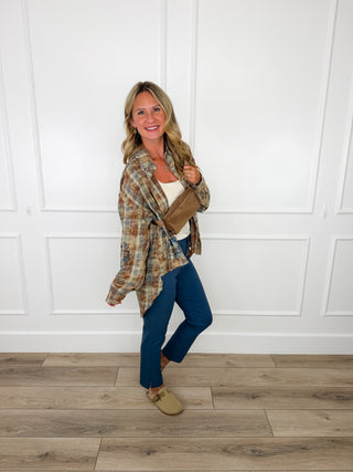 Brown plaid knit button-front long-sleeve top