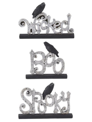 Resin word decor set with silver lettering, dark bases, and bird accents