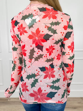 Sheer mesh long-sleeve top, pink with red holiday floral print (back view)