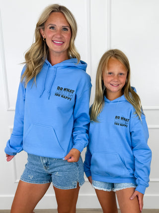 Kids blue hoodie sweatshirt with hood and front "Do what makes you happy" graphic