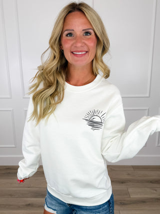 I'll Be Chasing Sunsets Cotton Blend Long Sleeve White Avery Mae Graphic Crewneck Sweatshirt (Gildan)