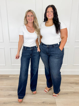 Judy Blue Maisie High-Rise Wide Leg Jeans - Dark Wash (Double Button, Non-Distressed)