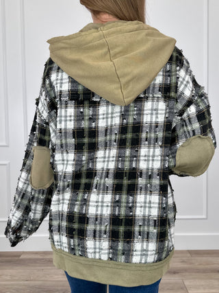 Back view of green plaid hooded jacket with full sleeves and kangaroo pocket