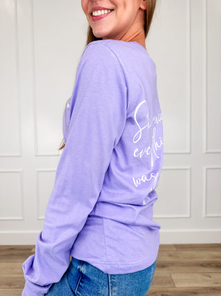 Purple long-sleeve tee with side/back script graphic and heart outline.