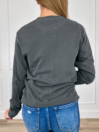 Grey long sleeve T-shirt, back view with crew neck