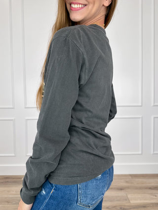 Grey long-sleeve tee with plain side and sleeve, no visible front graphic
