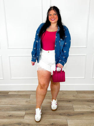 Judy Blue Amber High-Rise Denim Shorts – White (Rigid Magic, Distressed)
