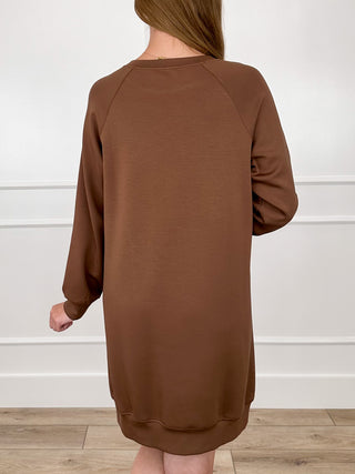 Back view of brown long-sleeve crew-neck shift dress with curved hem