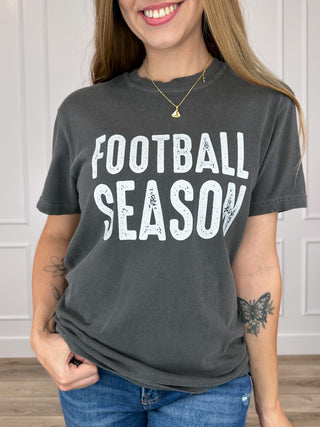 Grey short-sleeve crewneck cotton tee with “FOOTBALL SEASON” front graphic