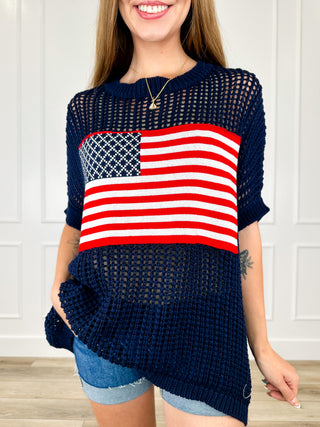 See You There Cotton Short Sleeve Blue Avery Mae Sweater Top