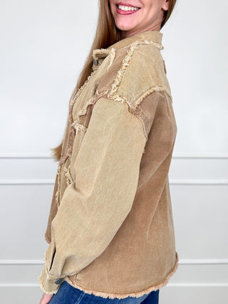 Tan cotton denim jacket, frayed long sleeves, side patch pockets, button front