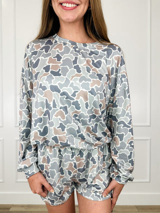 Cream camo lounge set with long-sleeve top and high-rise drawstring shorts