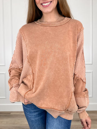 Clay cotton long-sleeve crewneck top with textured mesh-look sleeves